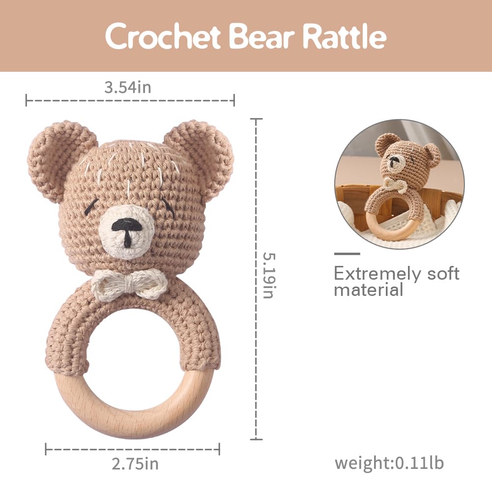 Mamimami Home Wooden Baby Rattle – Crochet Bear Handmade Newborn Toy