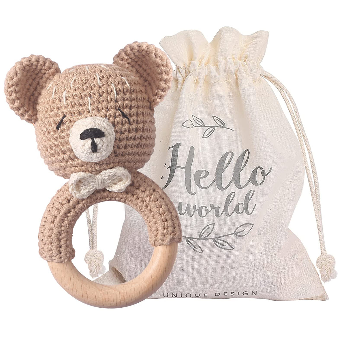 Mamimami Home Wooden Baby Rattle – Crochet Bear Handmade Newborn Toy