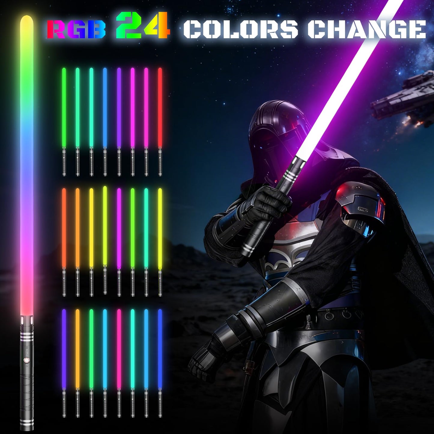 MAMXUAN Lightsabers – 24-Color RGB Dueling Saber, 2-in-1 with Connector, 40in – Gift for Teens & Adults
