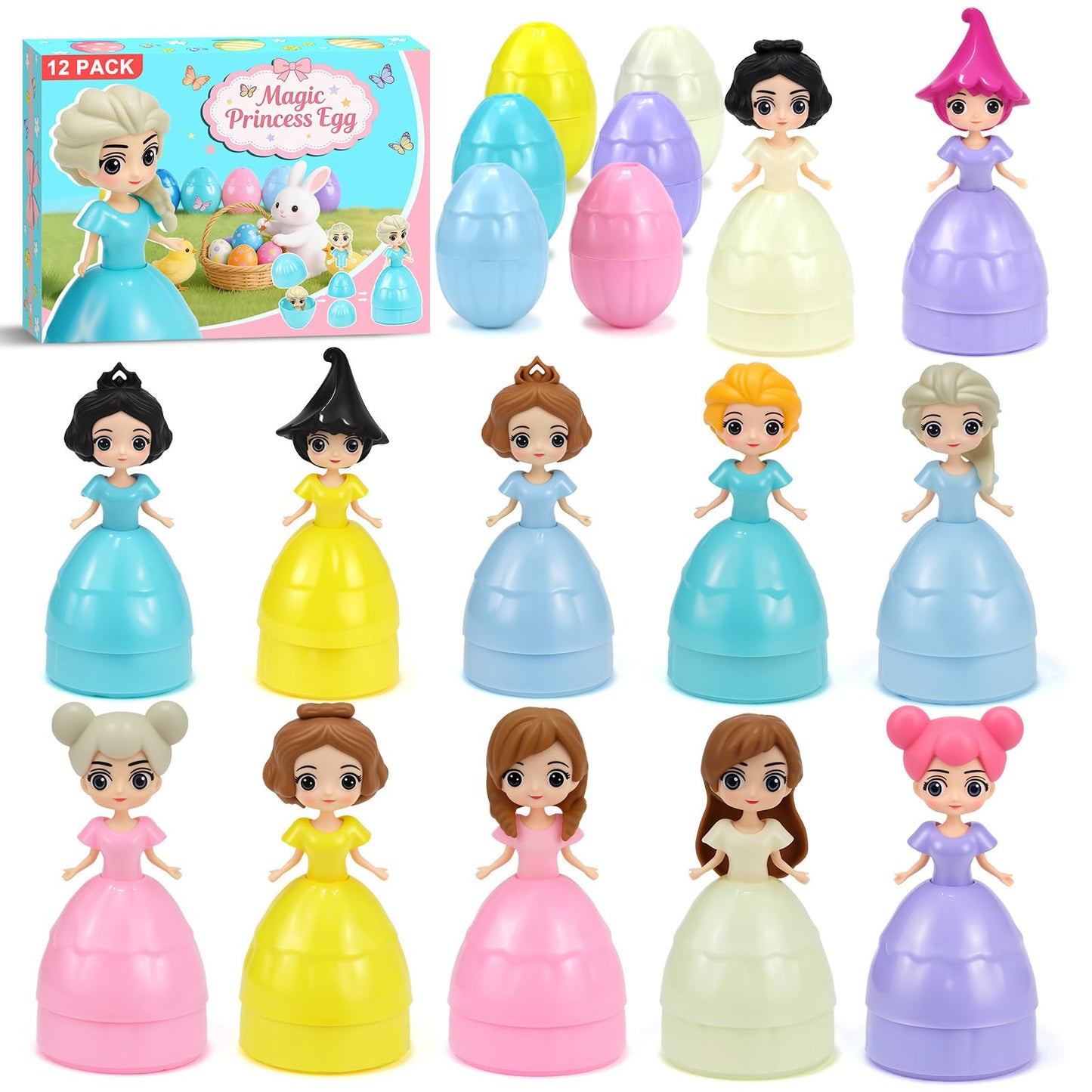 Manaror 12PCS Pre-Filled Easter Eggs — Princess Dolls Inside, Party Favors & Easter Basket Stuffers