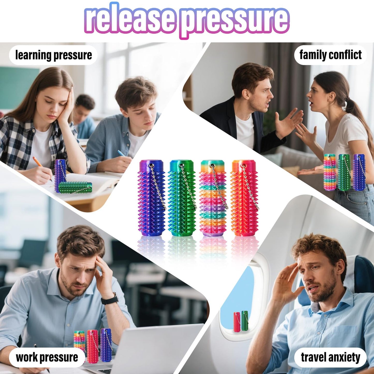 Manekulis 4-Pack Mini Ouchies Fidget – Portable Spiky Roller Keychain for Stress Relief, Focus & Sensory Stimulation
