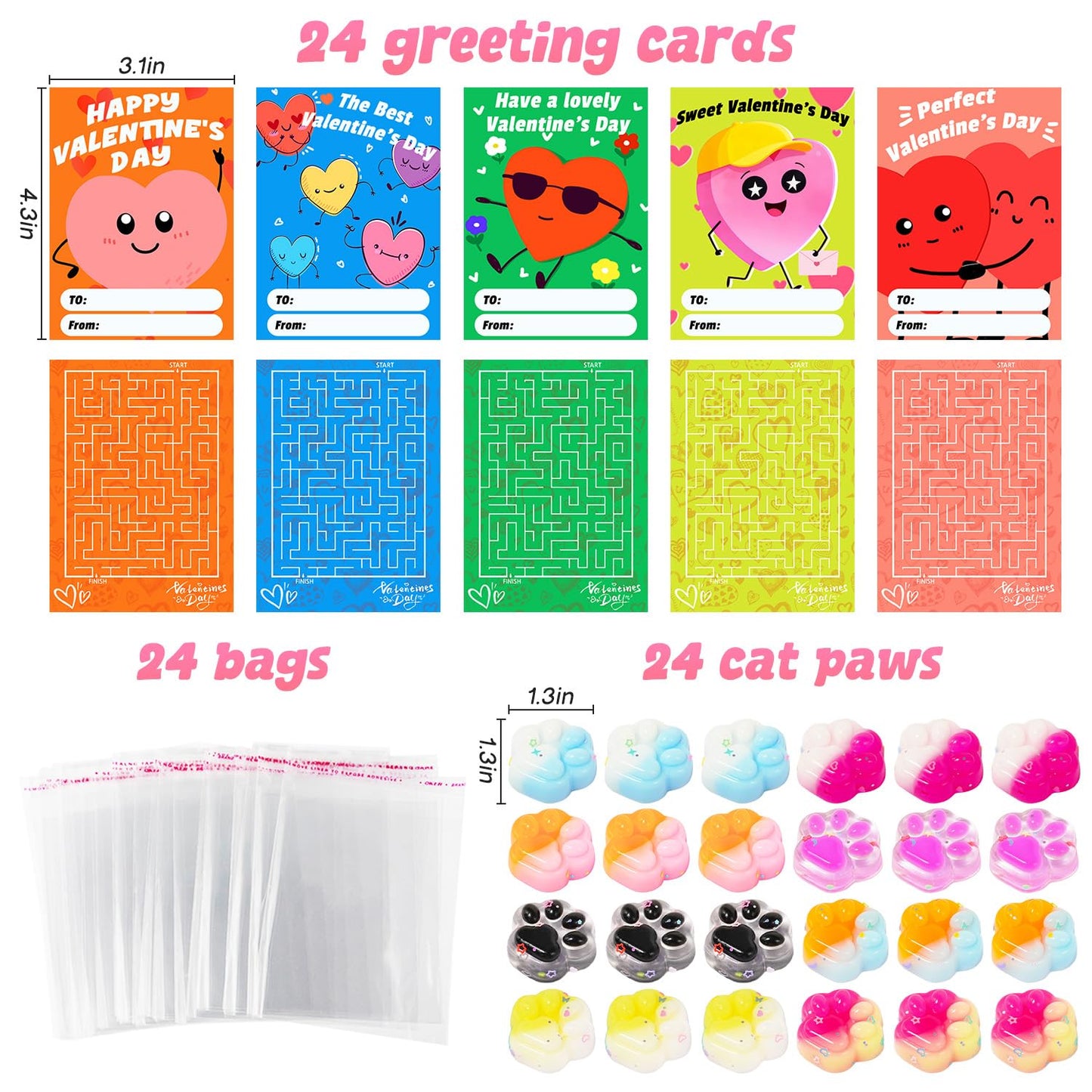 Manekulis 24-Piece Valentines Gift Set — Cat Paw Squishy Toys & Classroom Cards