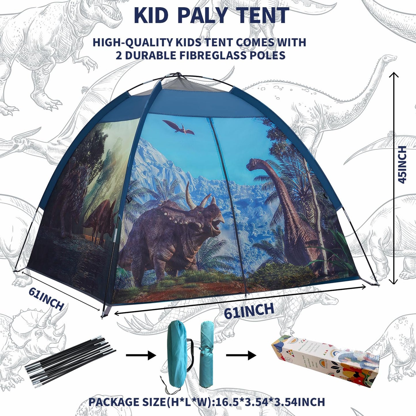 Mnagant Dinosaur Kids Play Tent - 61x61x45 Indoor/Outdoor Pop Up Play House