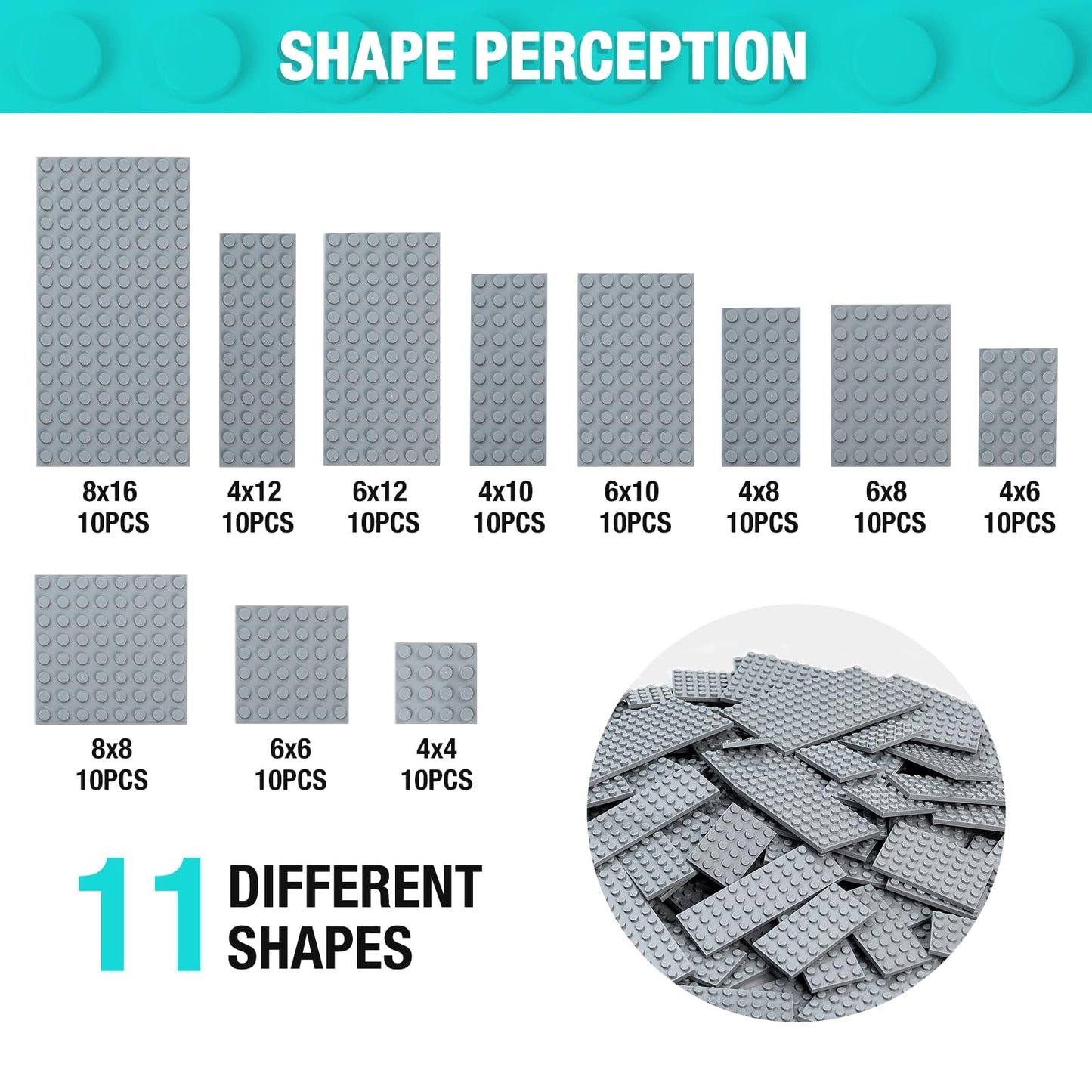 MANNIDOO 110 Pieces Classic Building Plates – 11 Sizes Small Baseplates Multipacks, Light Grey, Compatible with Major Brands