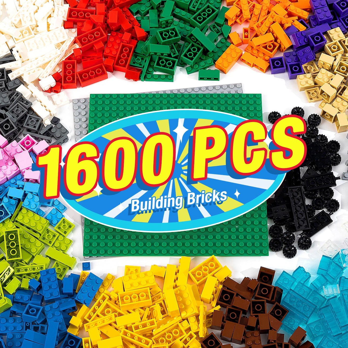 MANNIDOO 1600-Piece Building Bricks Set with Wheels & Plates — Compatible with Major Brands