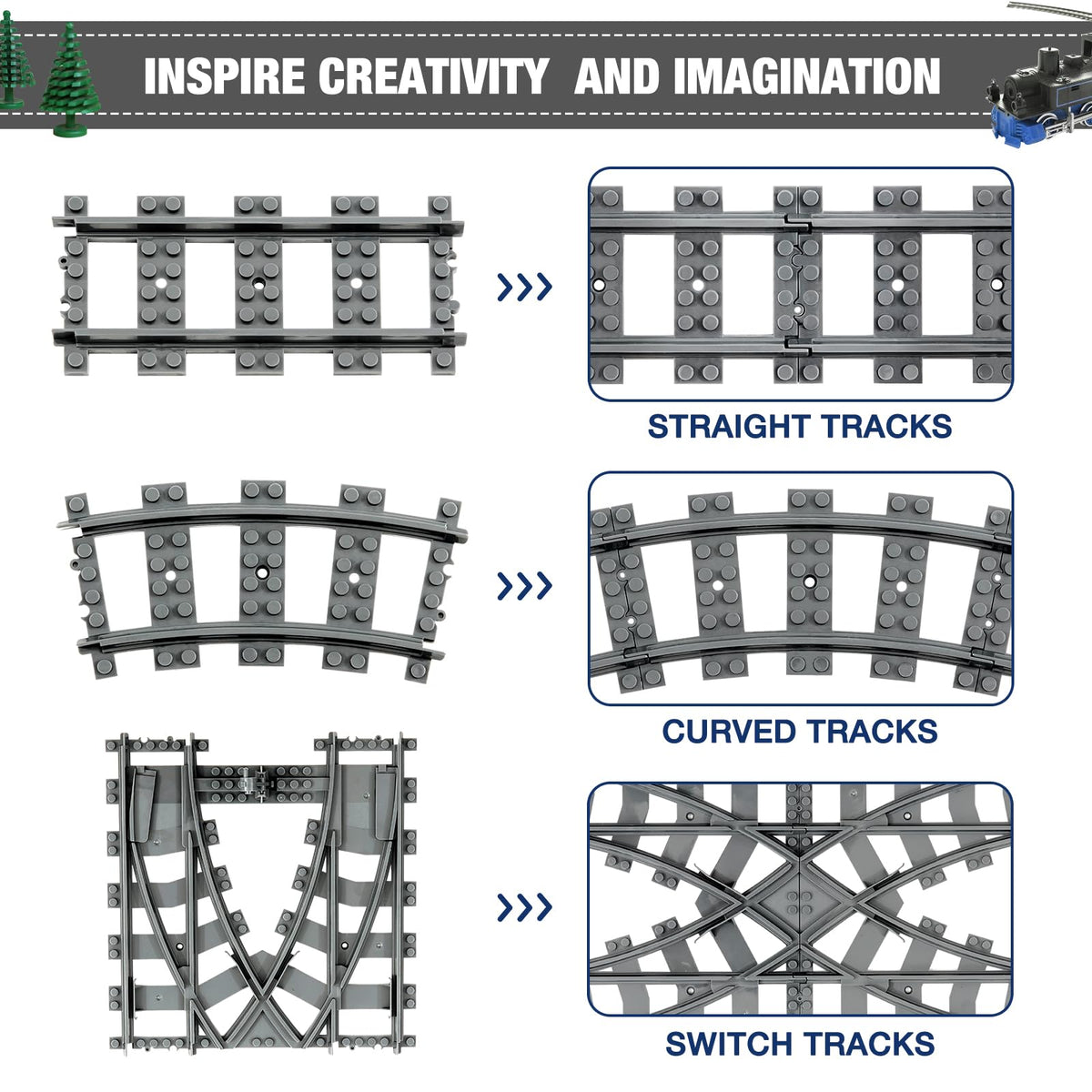 MANNIDOO Classic City Train Tracks – 54-Piece Set with 32 Curved, 20 Straight & 2 Switches | Compatible with Major Brands