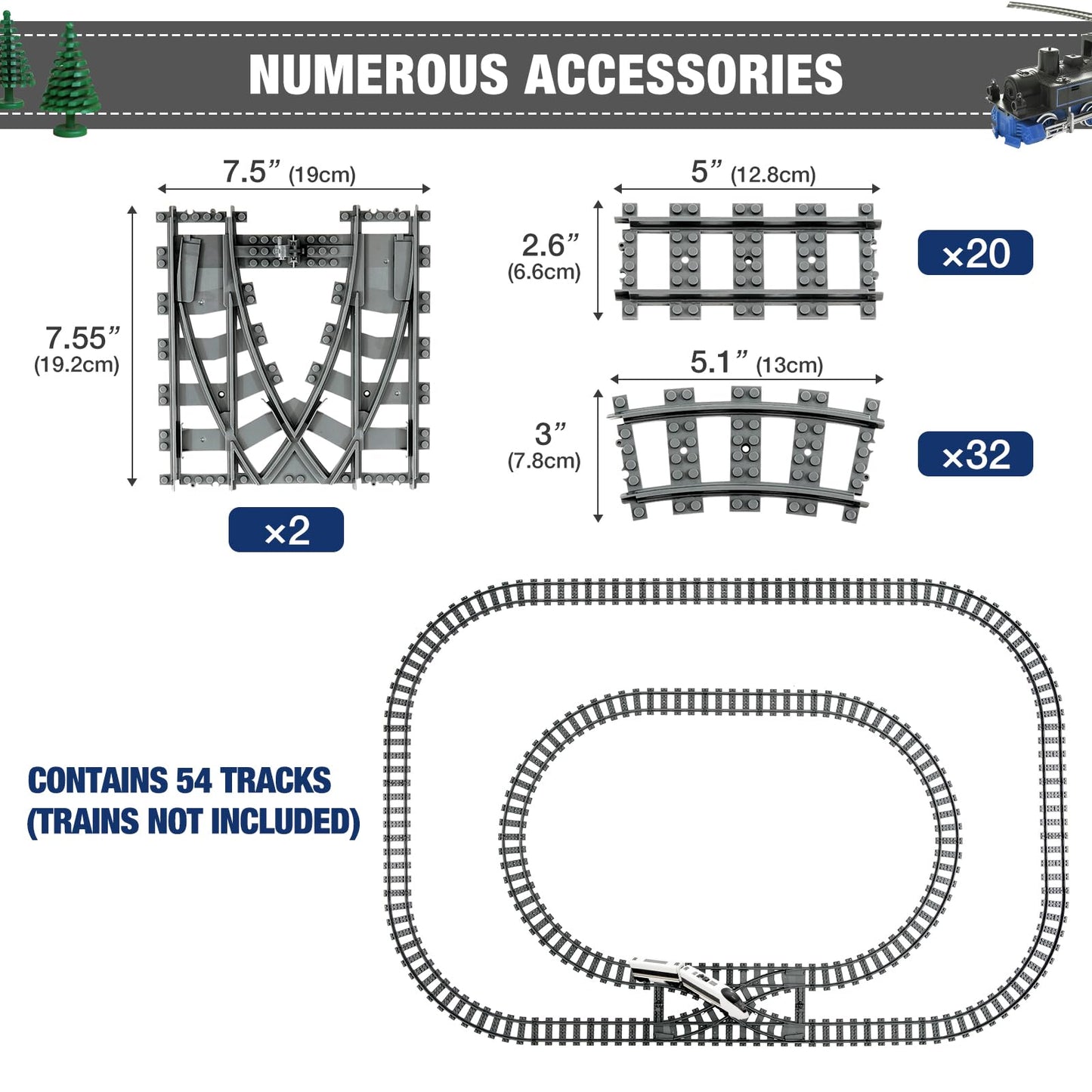 MANNIDOO Classic City Train Tracks – 54-Piece Set with 32 Curved, 20 Straight & 2 Switches | Compatible with Major Brands