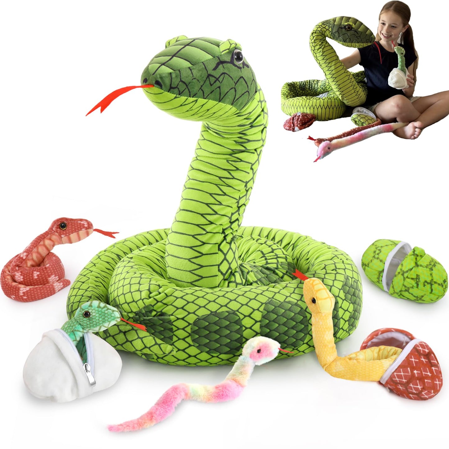 MaoGoLan 118-Inch Giant Green Snake with 4 Babies & 3 Eggs – Plush Toy