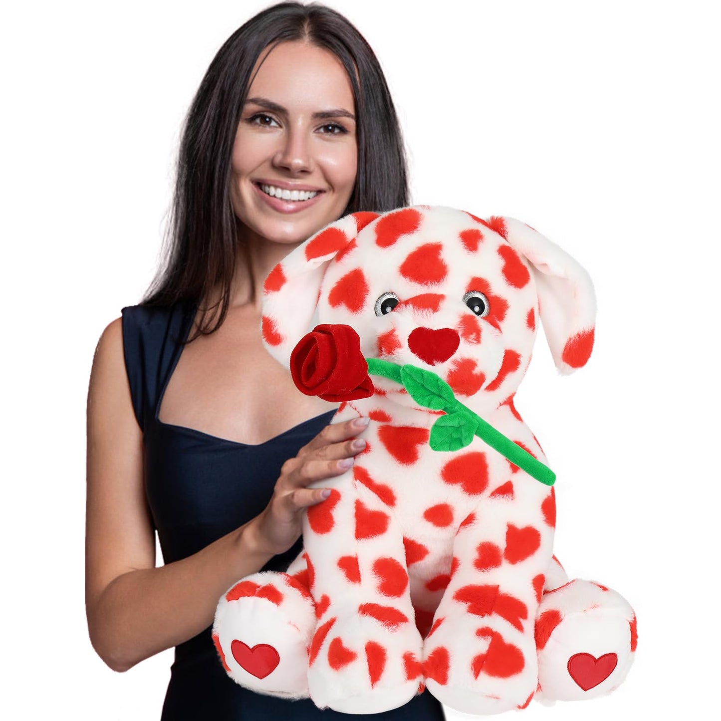 MaoGoLan 18-Inch Dalmatian Plush Dog with Red Rose – Large Soft Stuffed Puppy Gift