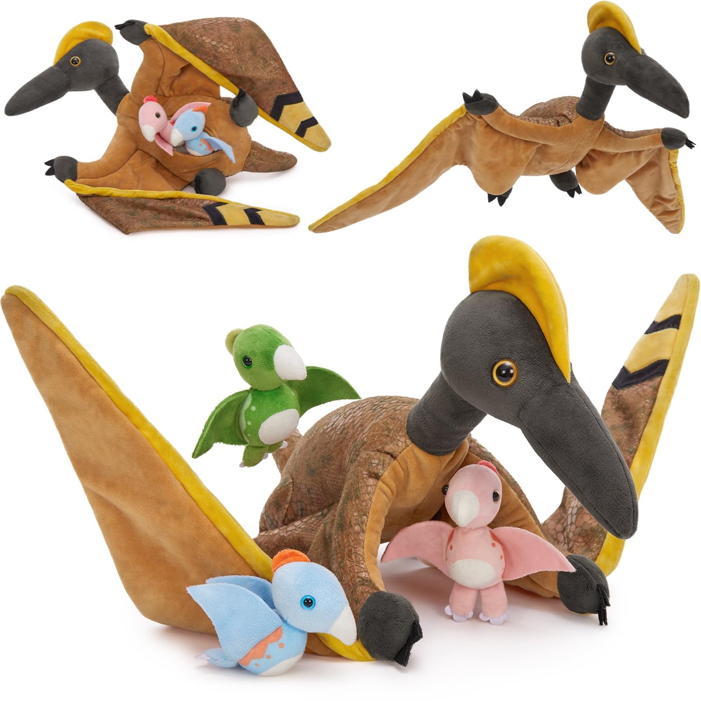 MaoGoLan 37-Inch Pterodactyl Plush with 3 Baby Dinos Inside Belly – Giant Dinosaur Toy, Party Favors & Decor