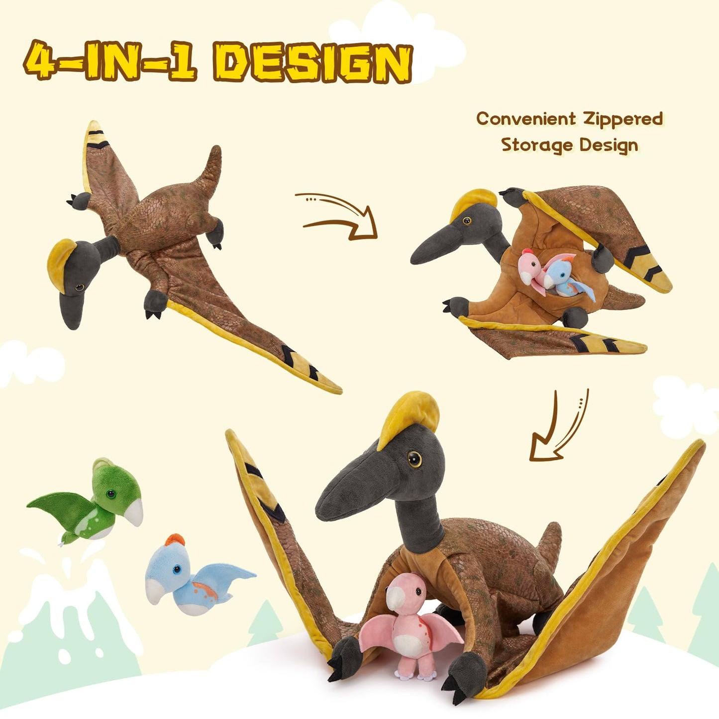 MaoGoLan 37-Inch Pterodactyl Plush with 3 Baby Dinos Inside Belly – Giant Dinosaur Toy, Party Favors & Decor