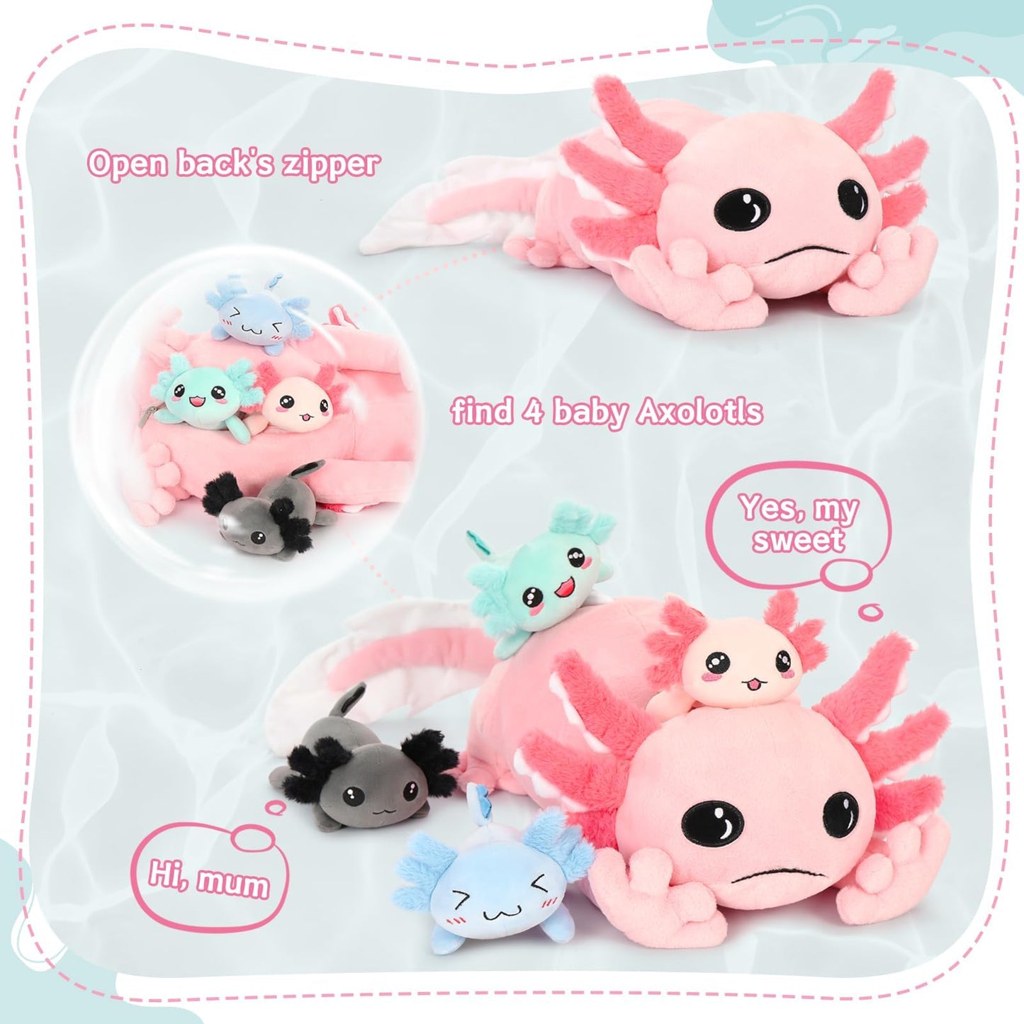 MaoGoLan 5 Pcs Large Axolotl Plush Set with 4 Babies Inside — 31.5-Inch Glow-in-the-Dark