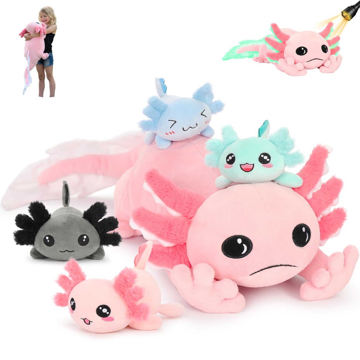 MaoGoLan 5 Pcs Large Axolotl Plush Set with 4 Babies Inside — 31.5-Inch Glow-in-the-Dark