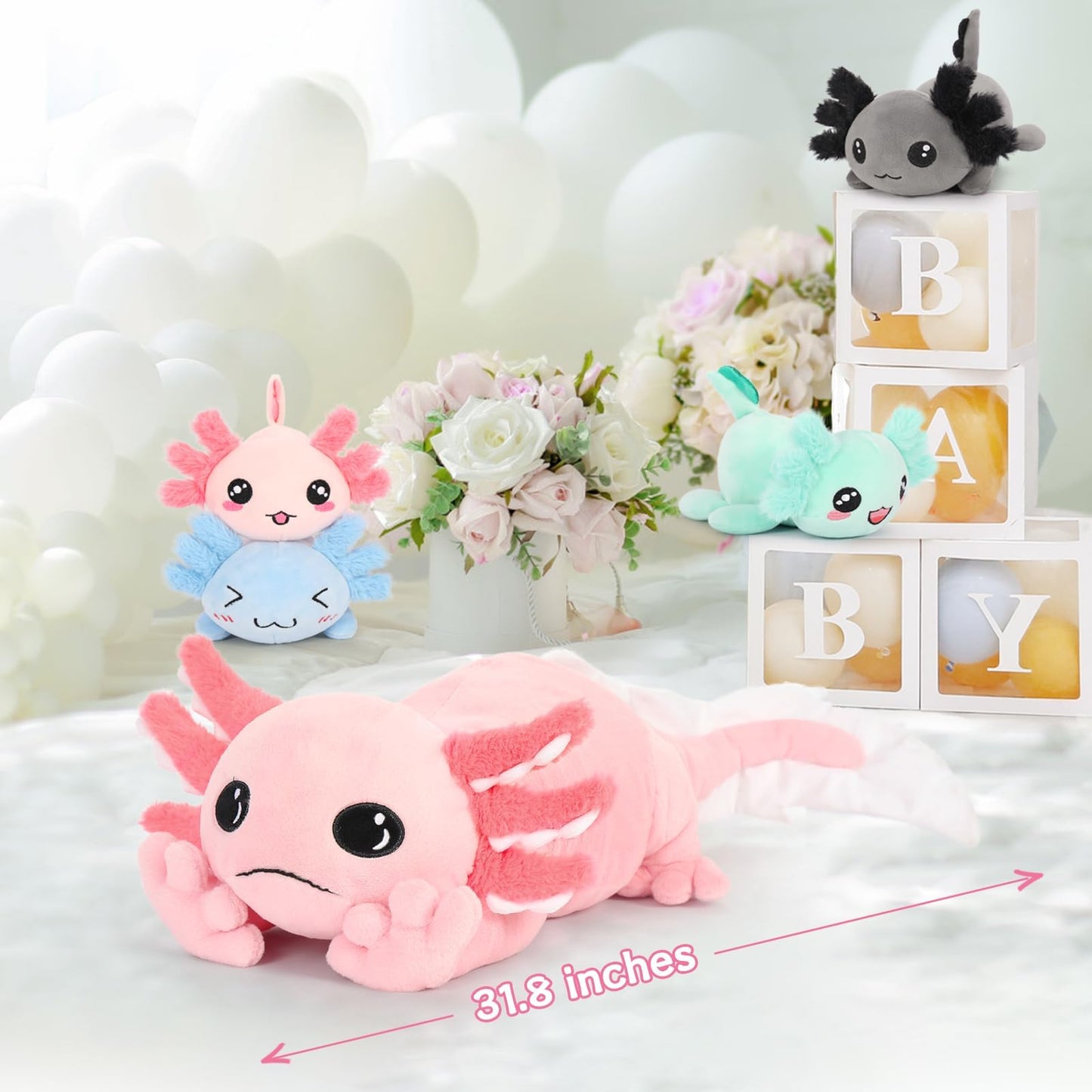 MaoGoLan 5 Pcs Large Axolotl Plush Set with 4 Babies Inside — 31.5-Inch Glow-in-the-Dark
