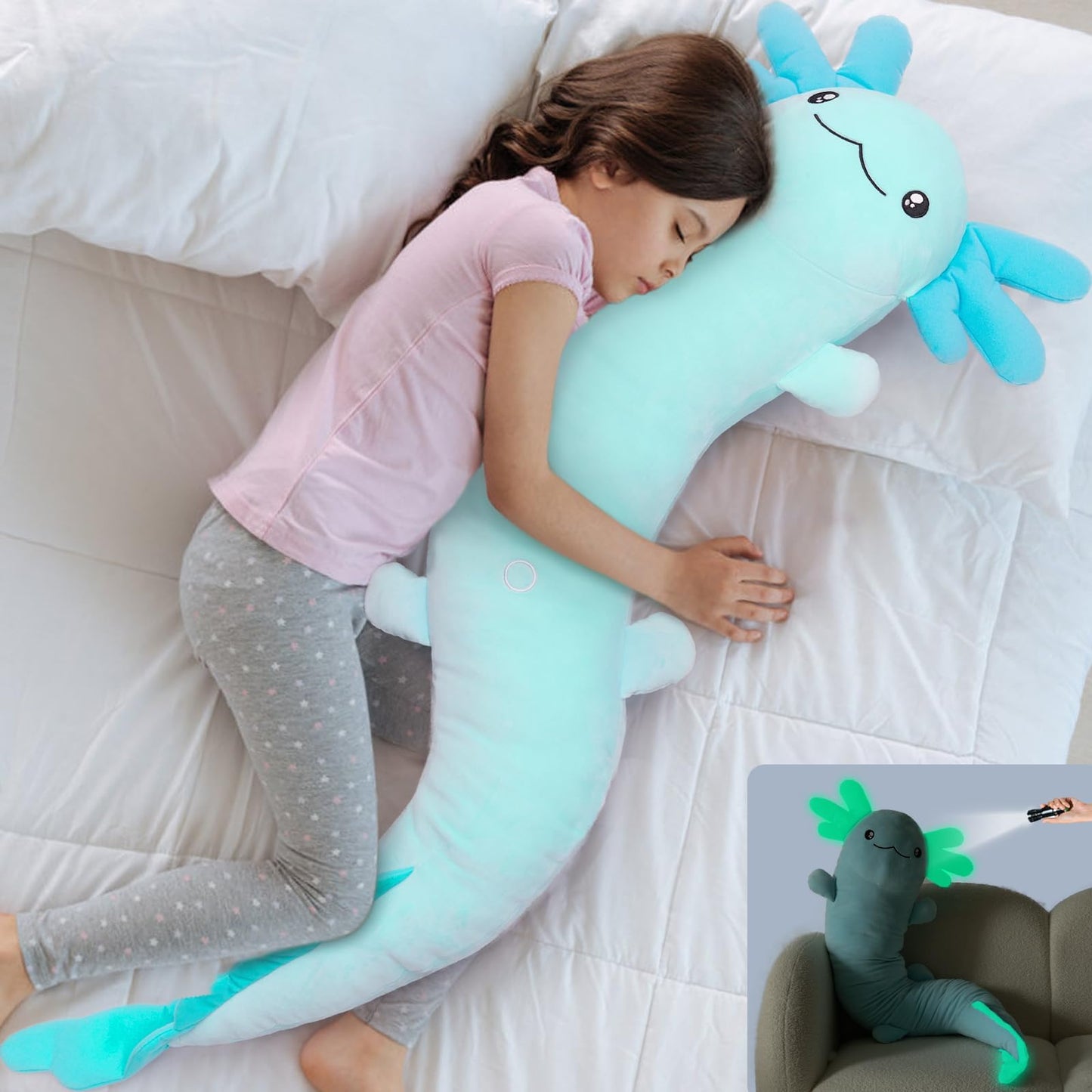 MaoGoLan Large Axolotl Plush Body Pillow – Glow-in-the-Dark XL Salamander Toy, Soft Blue
