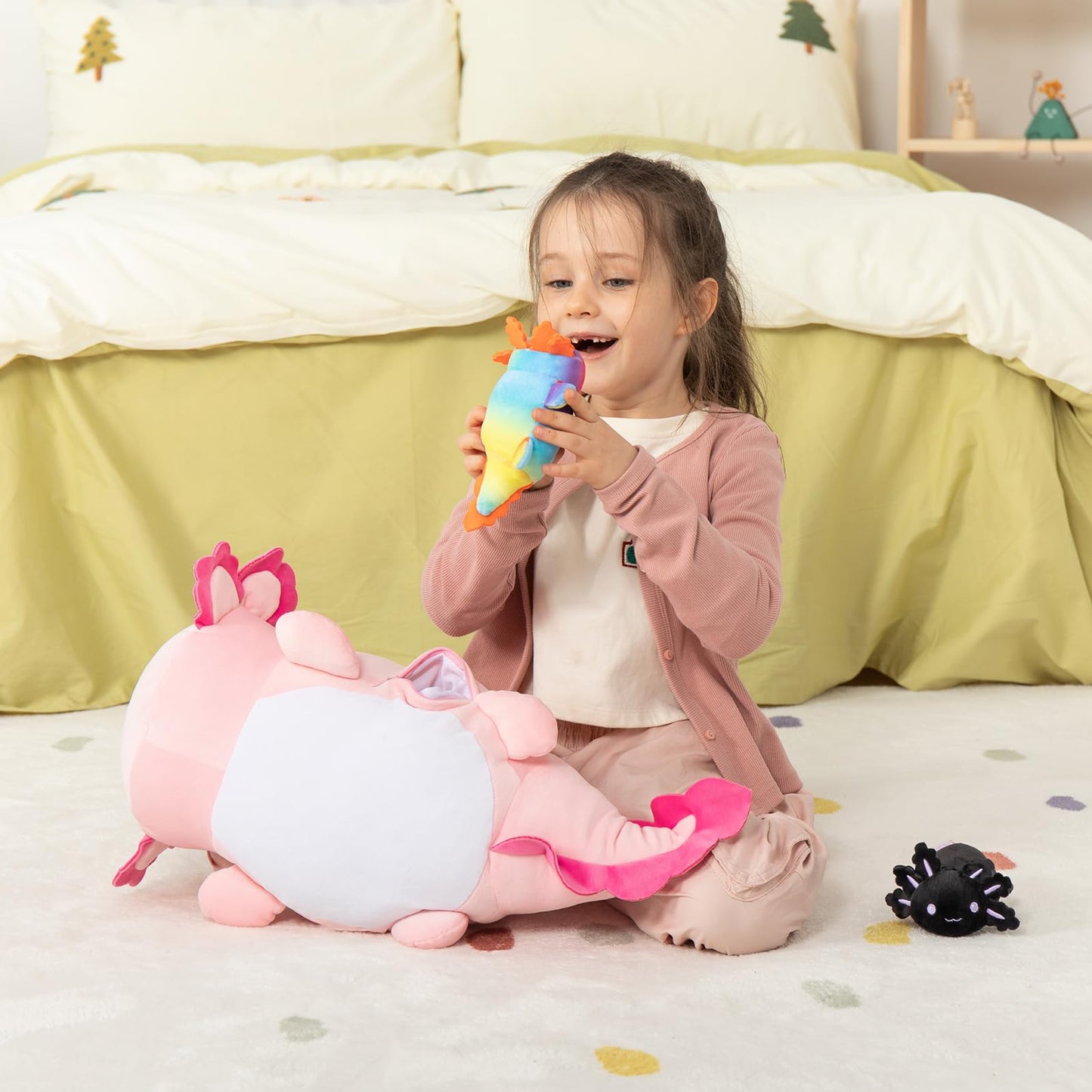 MaoGoLan Giant Axolotl Plush with 3 Babies Inside – 23.5-Inch Large Squishy Plush and Pillow