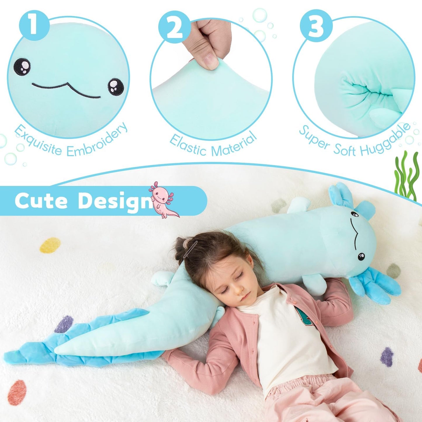 MaoGoLan Large Axolotl Plush Body Pillow – Glow-in-the-Dark XL Salamander Toy, Soft Blue