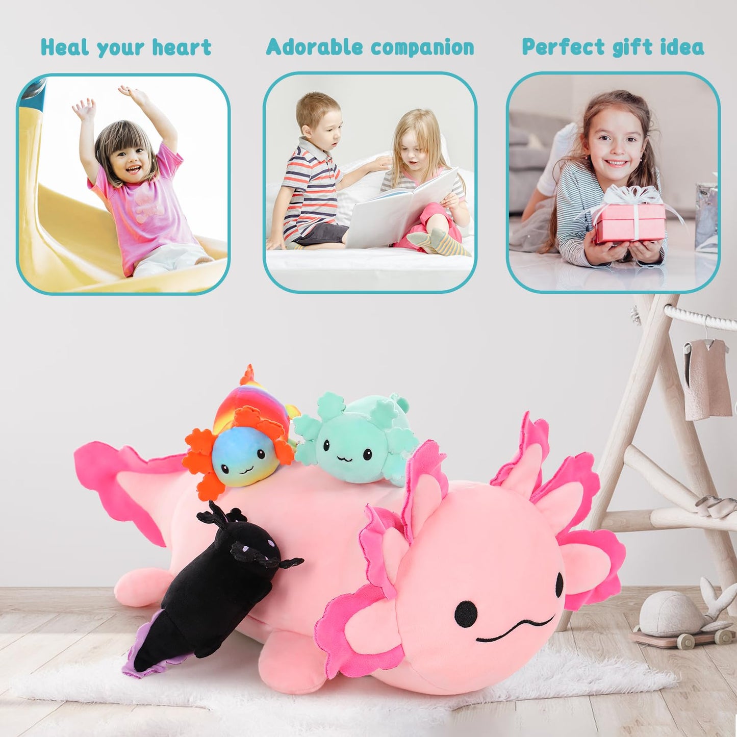 MaoGoLan Giant Axolotl Plush with 3 Babies Inside – 23.5-Inch Large Squishy Plush and Pillow