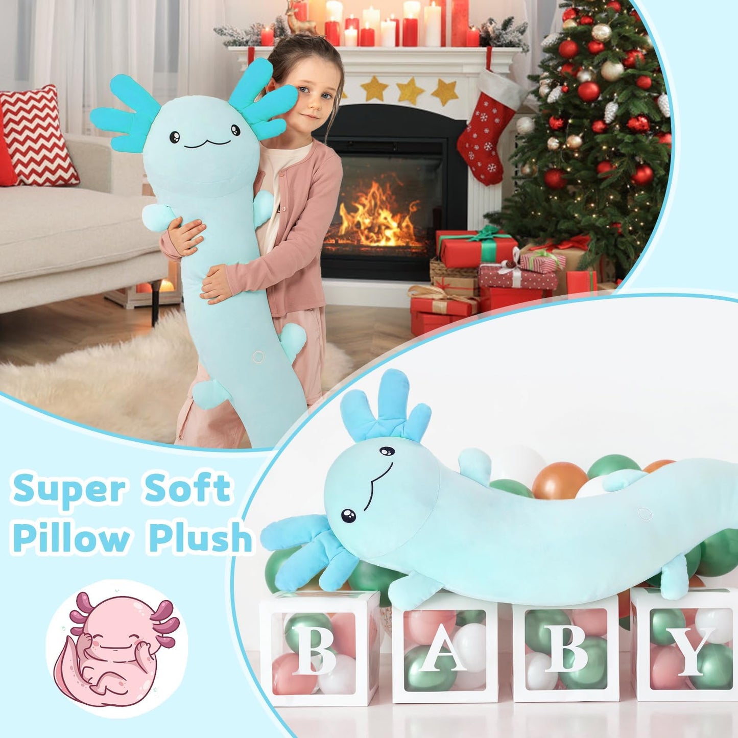 MaoGoLan Large Axolotl Plush Body Pillow – Glow-in-the-Dark XL Salamander Toy, Soft Blue