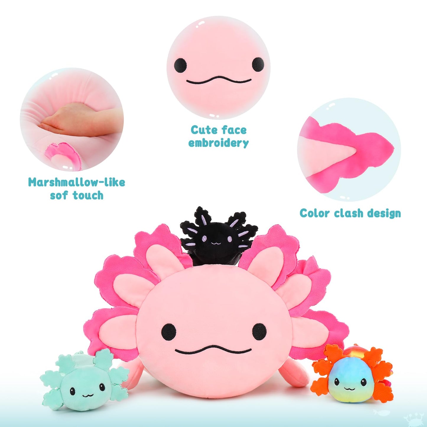 MaoGoLan Giant Axolotl Plush with 3 Babies Inside – 23.5-Inch Large Squishy Plush and Pillow