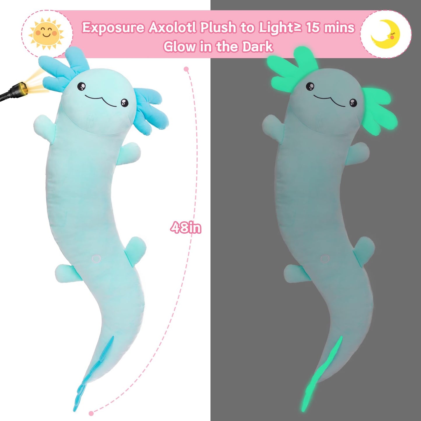 MaoGoLan Large Axolotl Plush Body Pillow – Glow-in-the-Dark XL Salamander Toy, Soft Blue