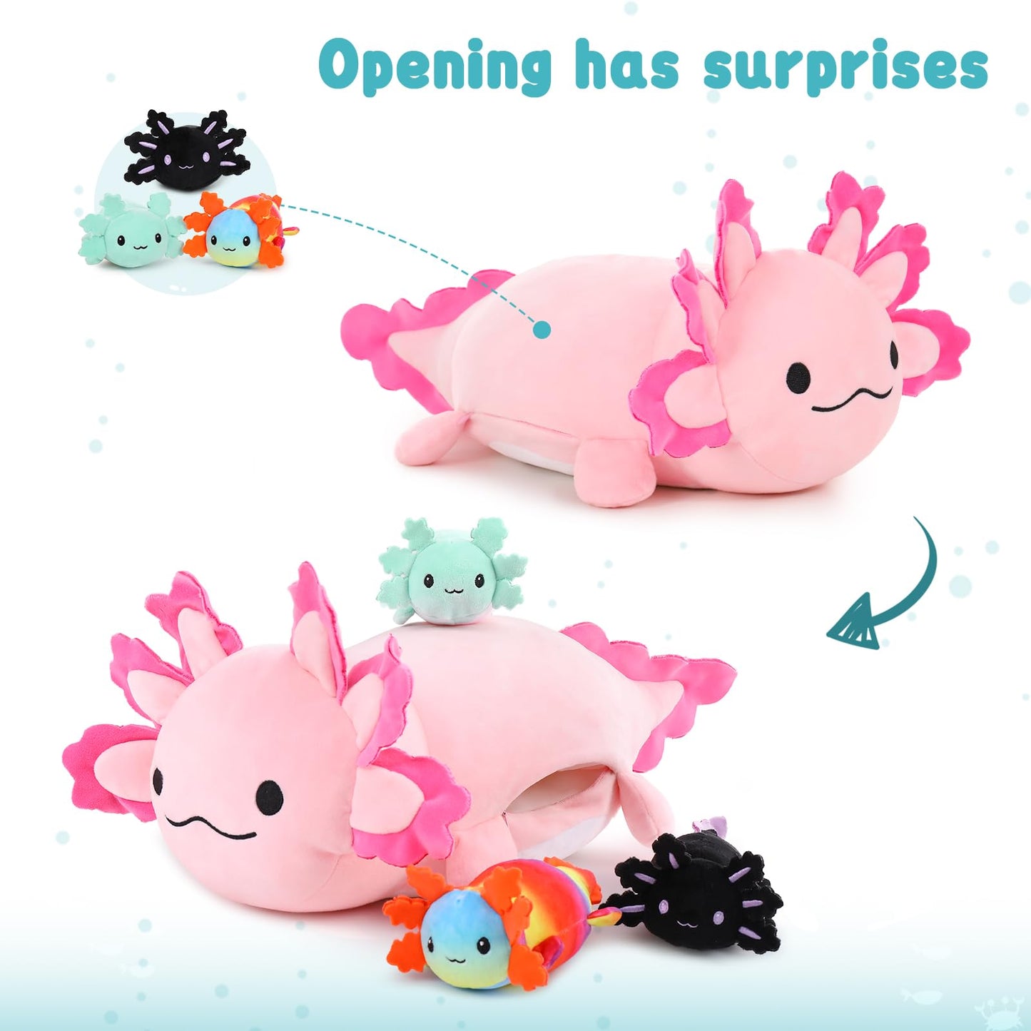 MaoGoLan Giant Axolotl Plush with 3 Babies Inside – 23.5-Inch Large Squishy Plush and Pillow