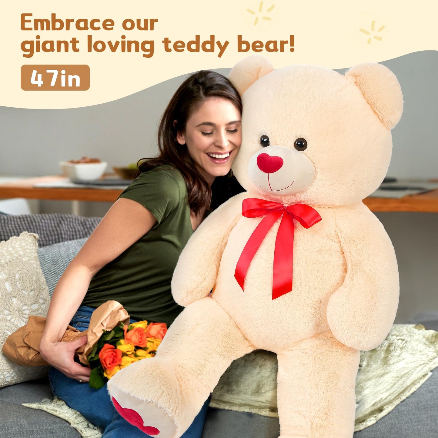 MaoGoLan Giant Teddy Bear Plush 47in – Big Valentine Gift with Heart Footprints
