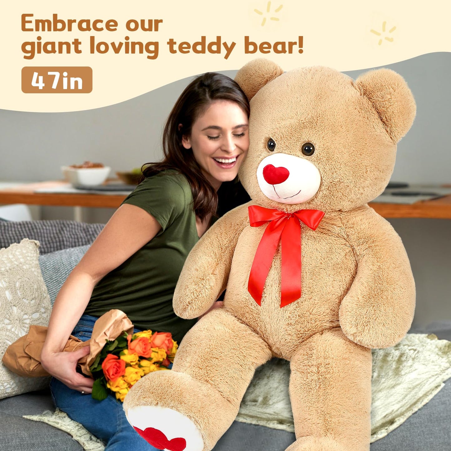 MaoGoLan Giant 47-Inch Teddy Bear Plush – Heart Footprints & Heart Nose | Valentine Gift