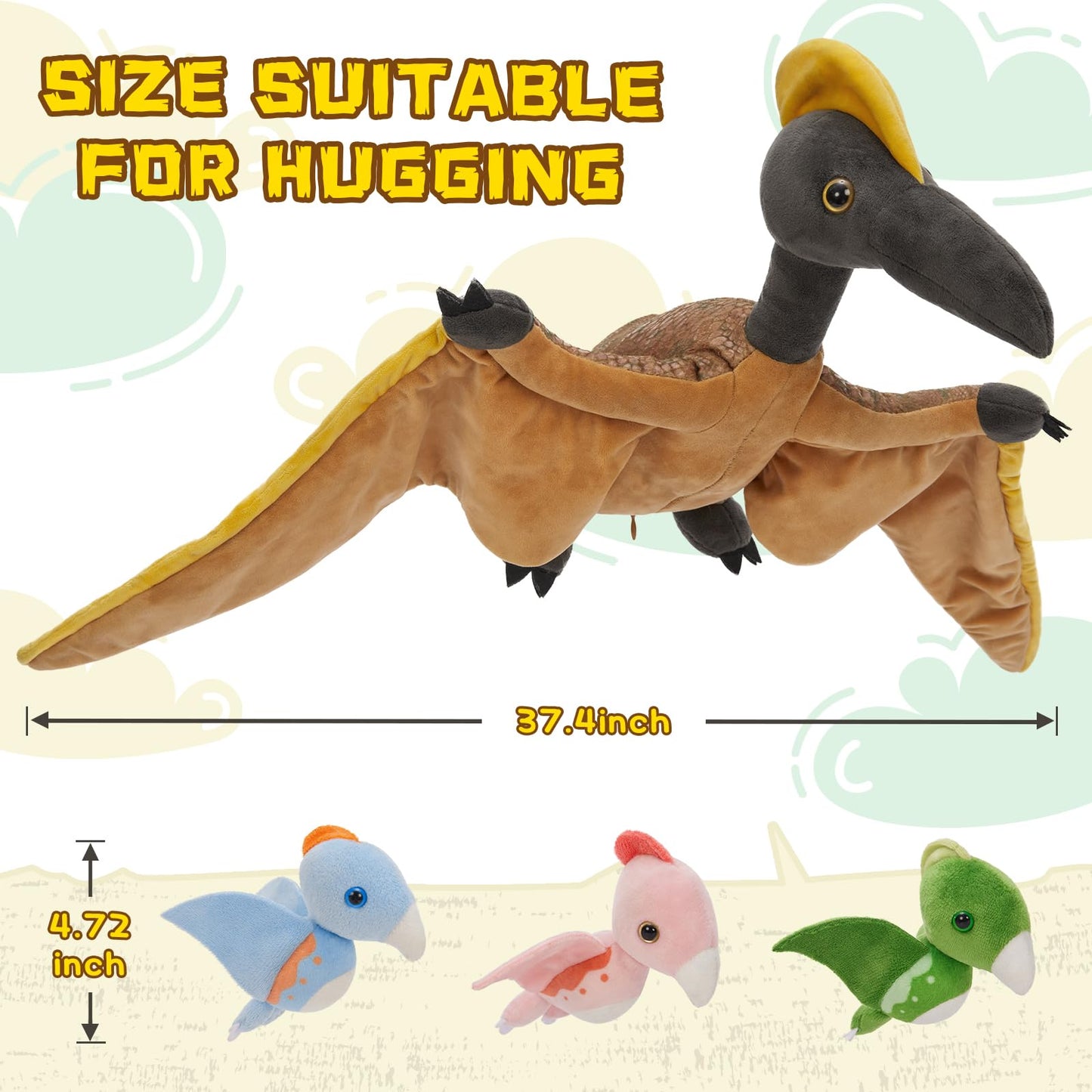 MaoGoLan 37-Inch Pterodactyl Plush with 3 Baby Dinos Inside Belly – Giant Dinosaur Toy, Party Favors & Decor