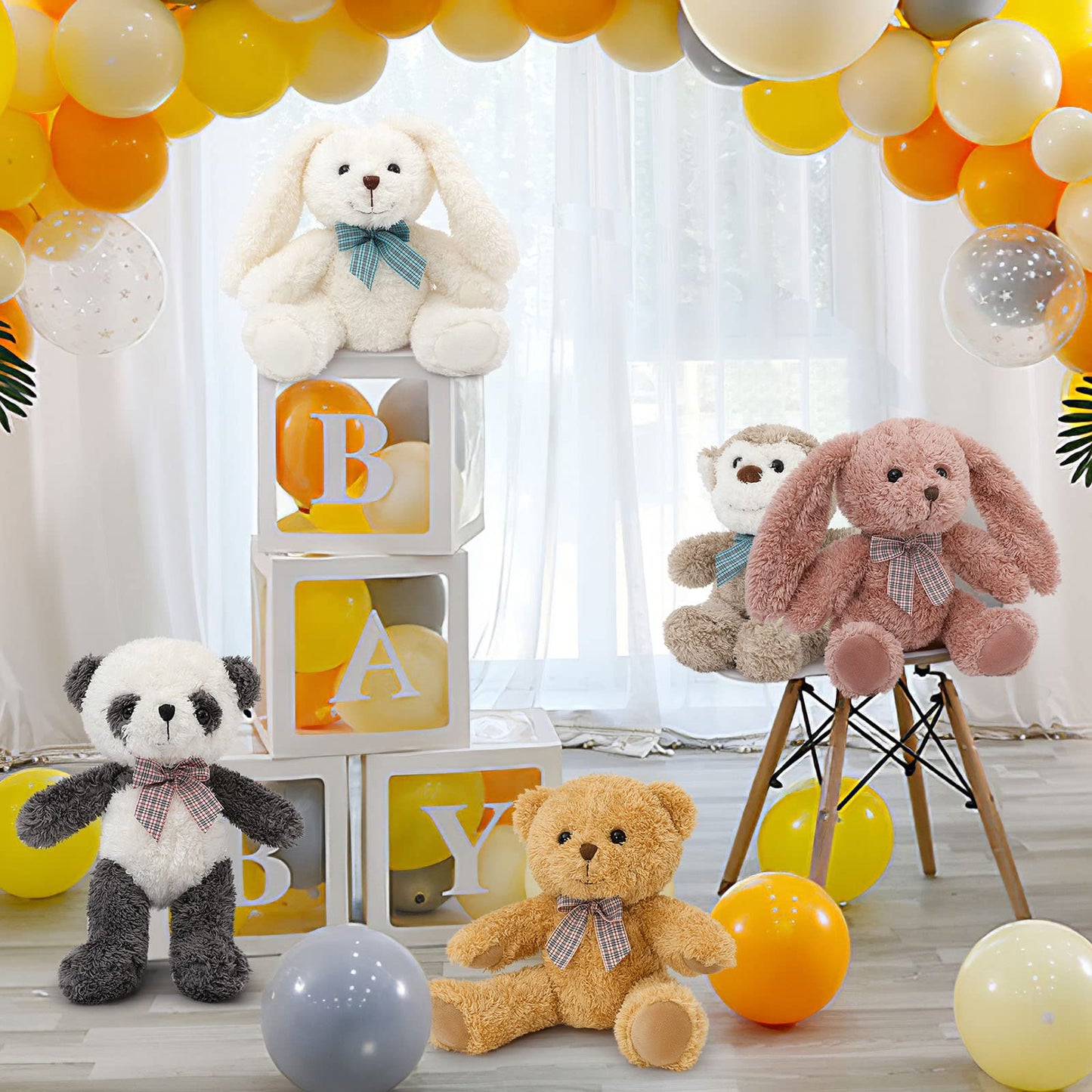 MaoGoLan 5-Piece Plush Set – 12.6-inch Stuffed Animals: Monkey, Panda, Teddy Bear, Easter Bunnies – Party Favors & Decor