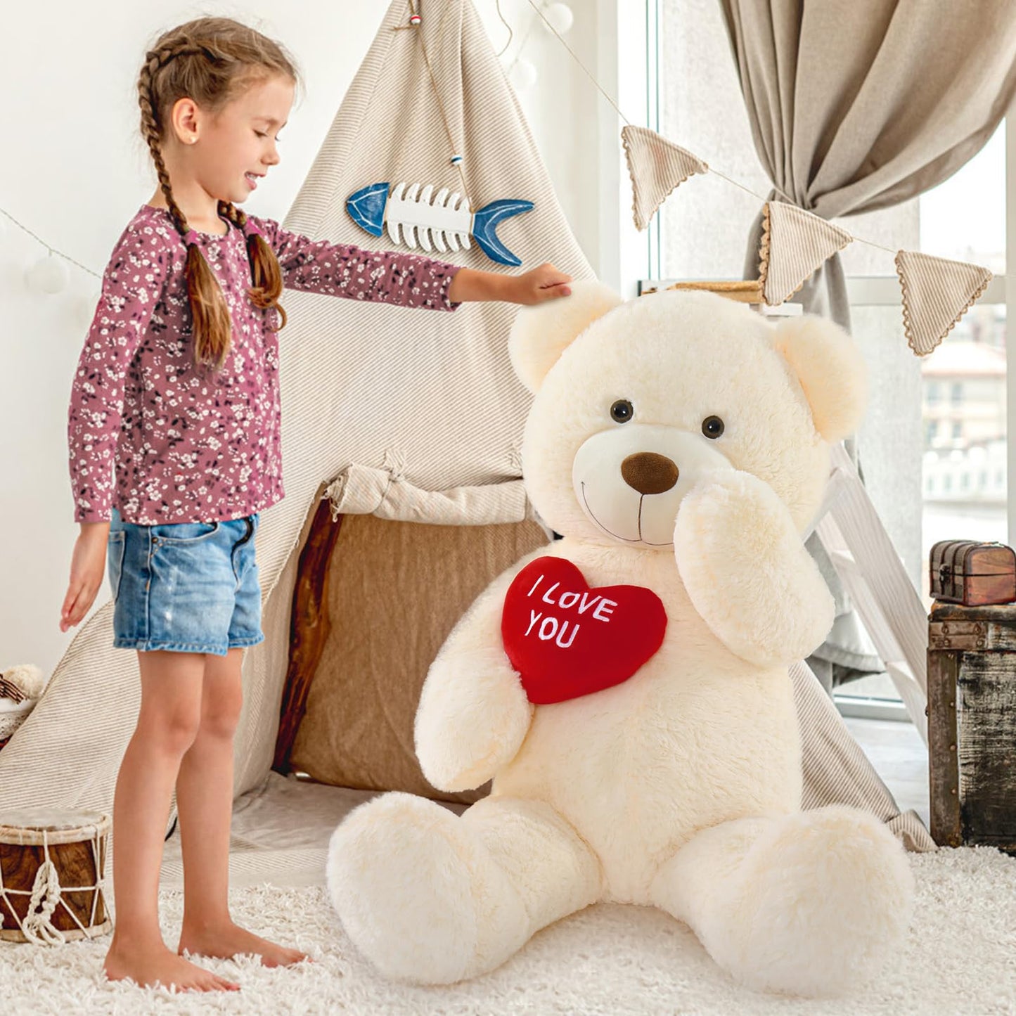 MaoGoLan Big Teddy Bear – 36-Inch White Plush with Velvet Heart