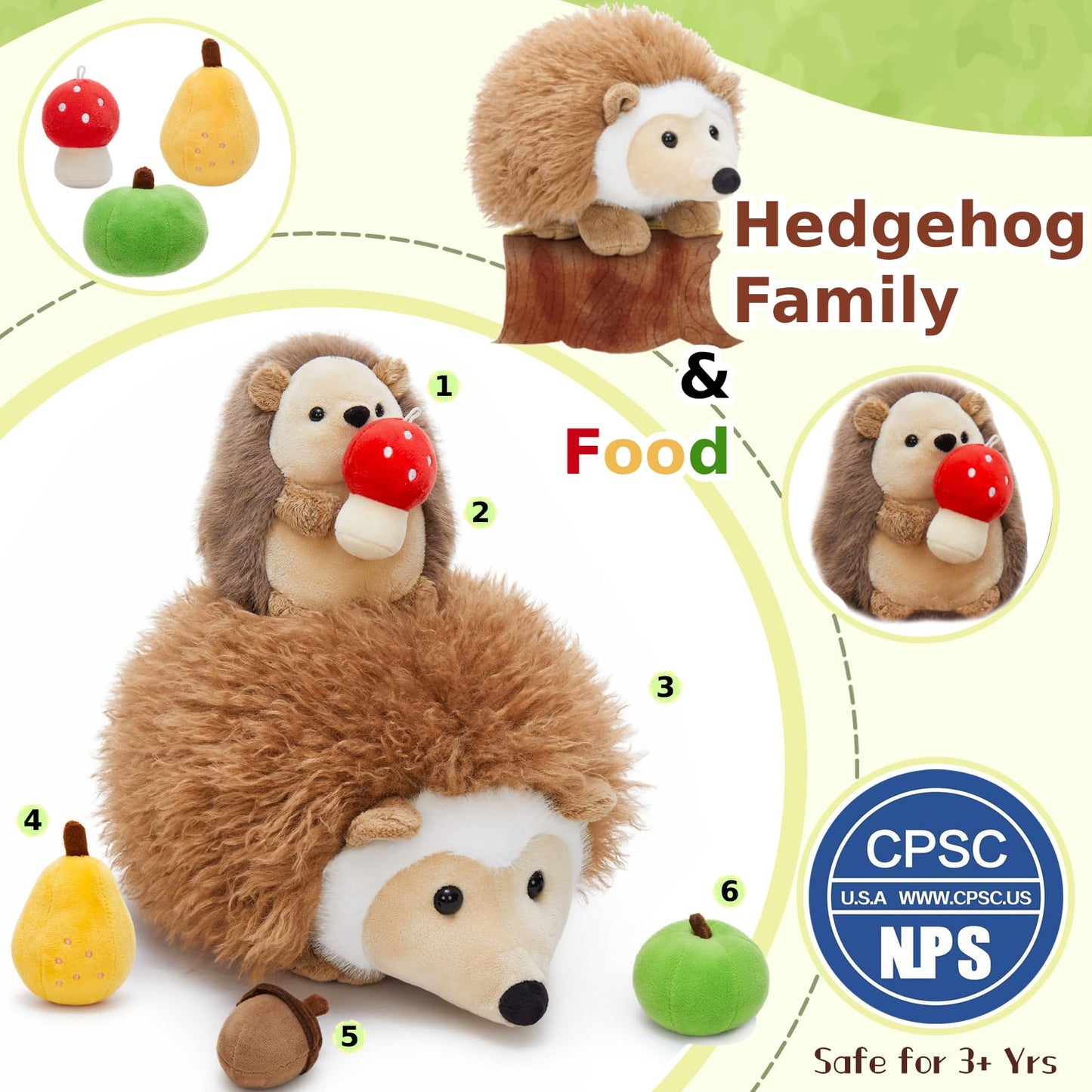 MaoGoLan Magnetic Hedgehog Plush Toys Set – Mama & Baby with 4 Fruits (16-inch)