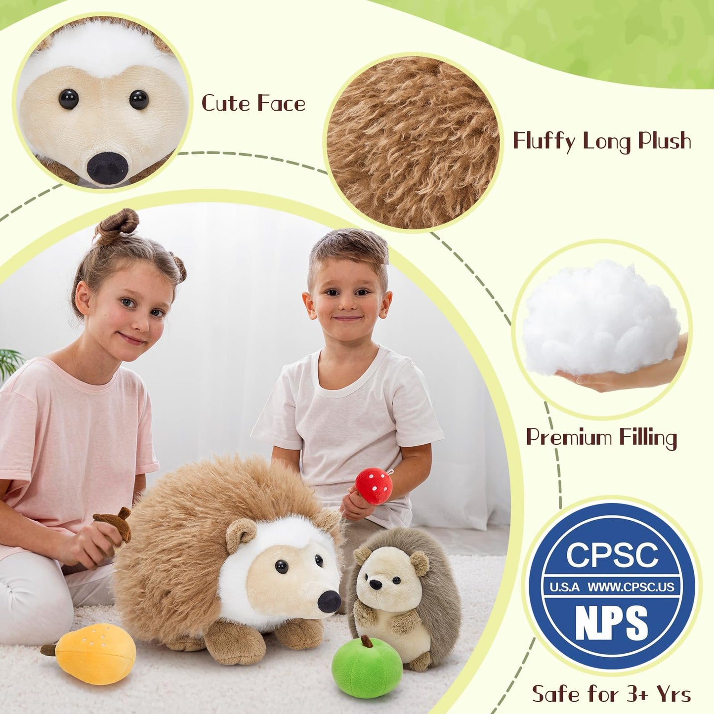 MaoGoLan Magnetic Hedgehog Plush Toys Set – Mama & Baby with 4 Fruits (16-inch)