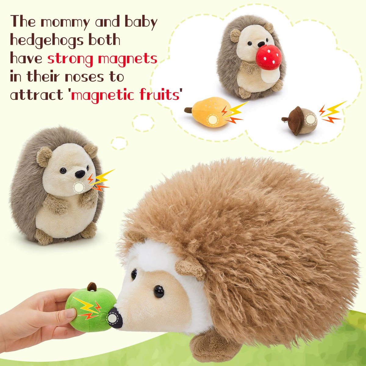 MaoGoLan Magnetic Hedgehog Plush Toys Set – Mama & Baby with 4 Fruits (16-inch)