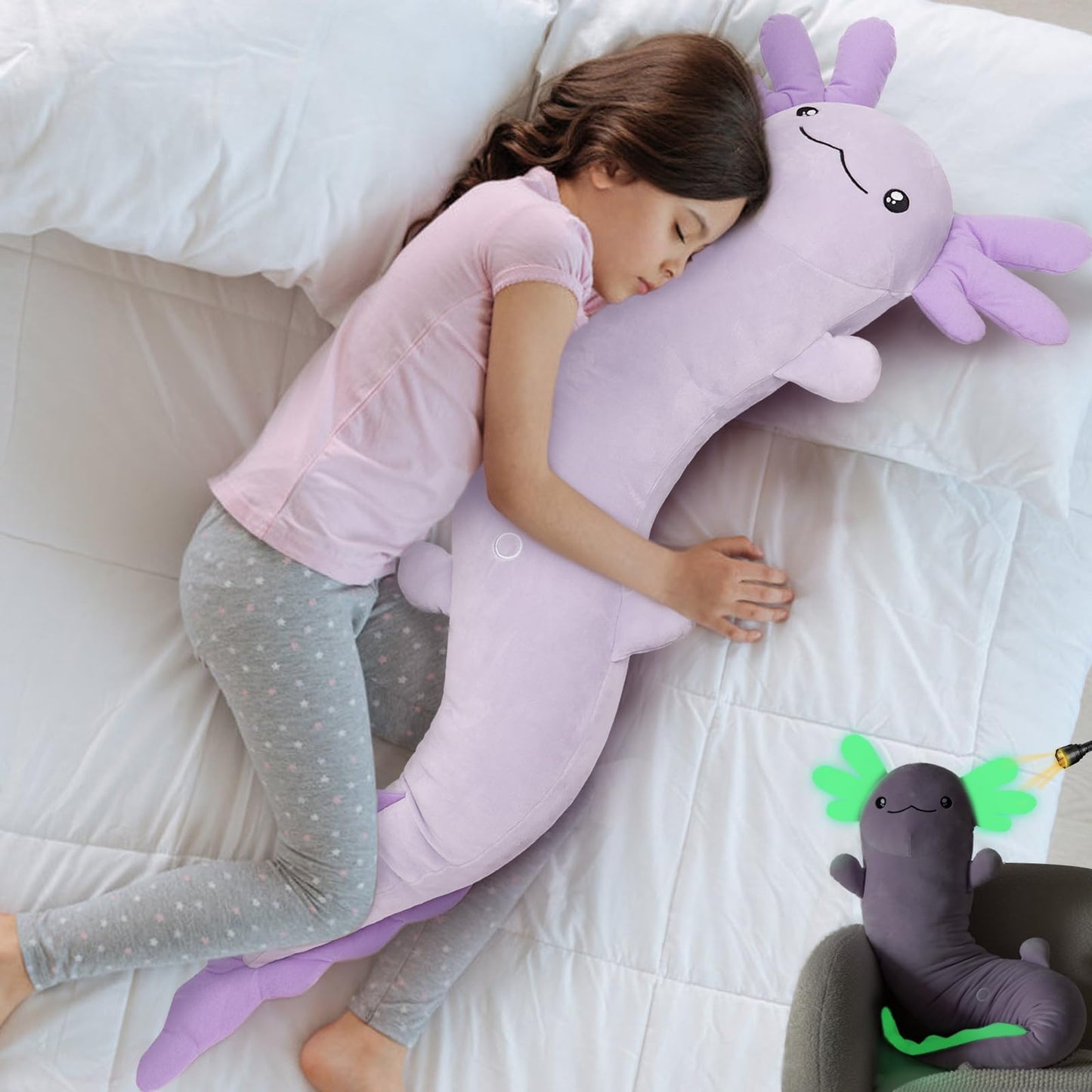 MaoGoLan Giant Axolotl Plush Pillow – Glow-in-the-Dark Purple Salamander Body Pillow