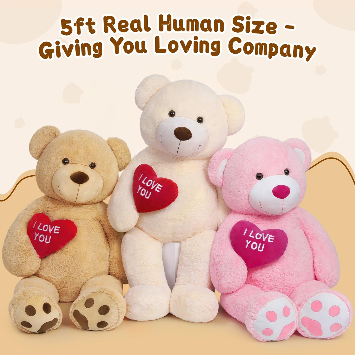 MaoGoLan Giant Teddy Bear - 5 Feet Tall with Red Heart | Soft Brown Plush Gift