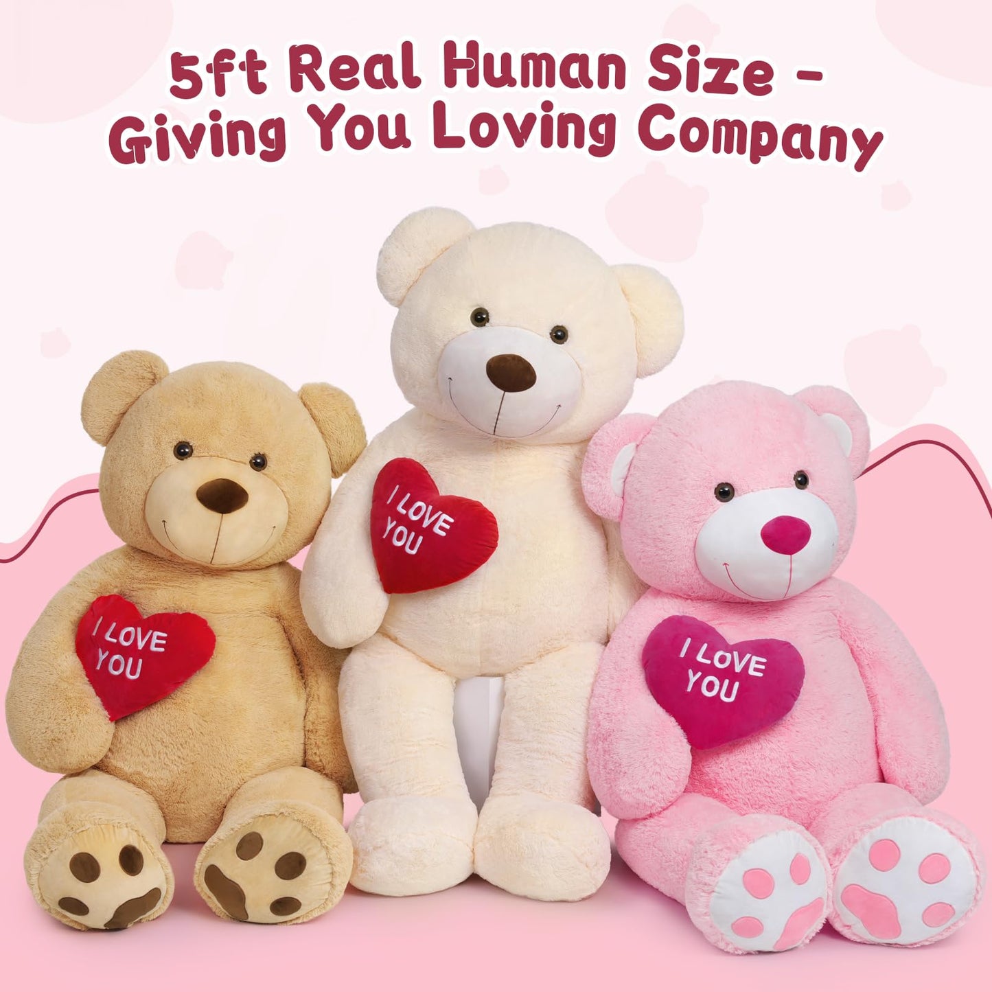 MaoGoLan Giant Teddy Bear 5ft – I Love You Red Heart Pink Plush – Jumbo Valentine’s Gift