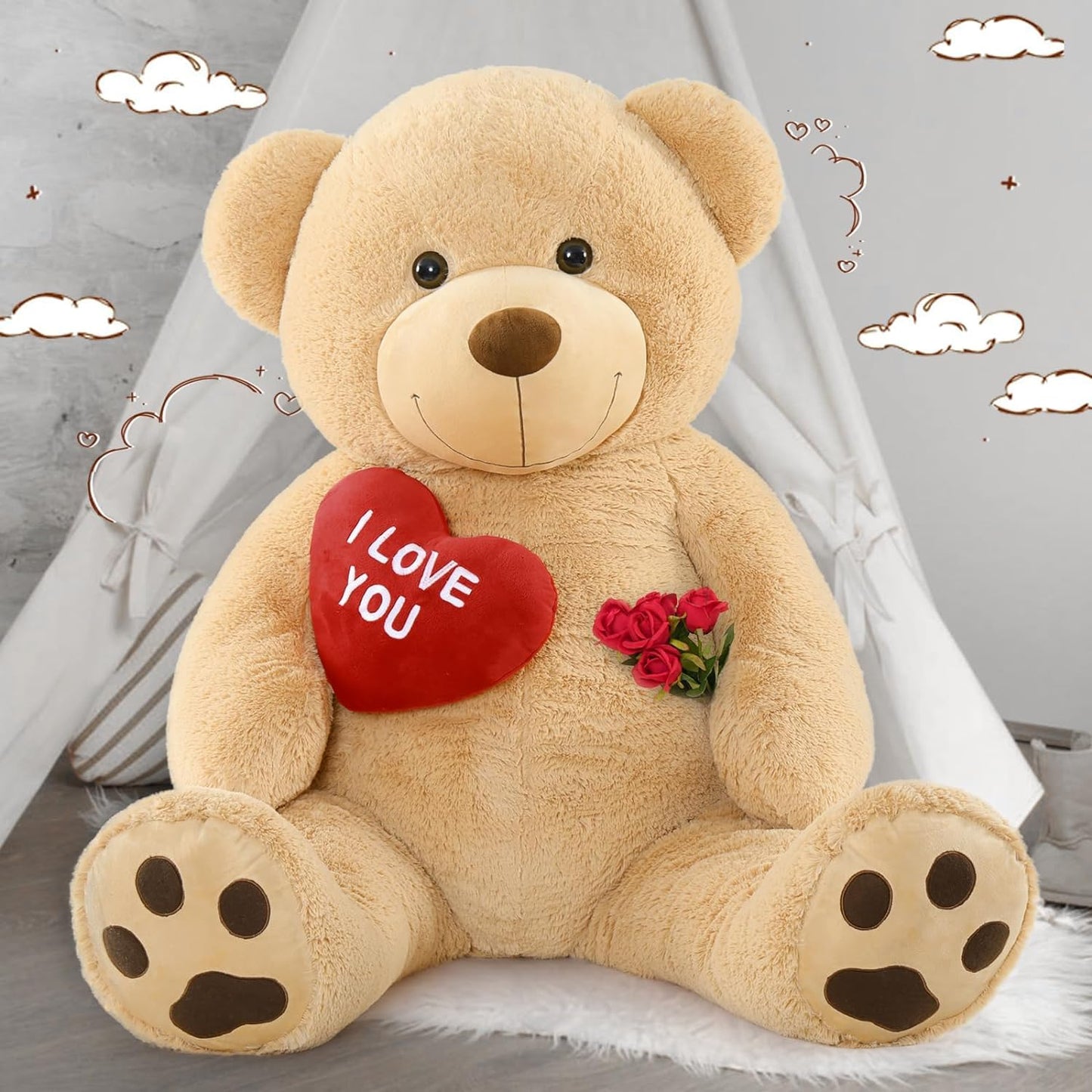 MaoGoLan Giant Teddy Bear - 5 Feet Tall with Red Heart | Soft Brown Plush Gift