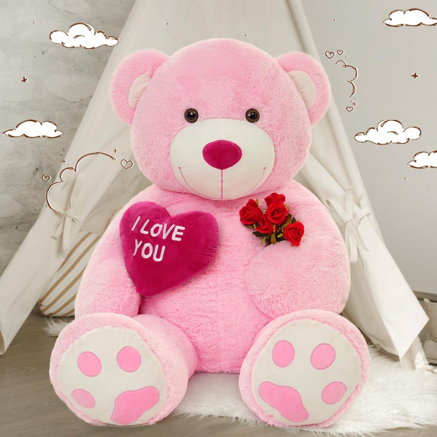 MaoGoLan Giant Teddy Bear 5ft – I Love You Red Heart Pink Plush – Jumbo Valentine’s Gift