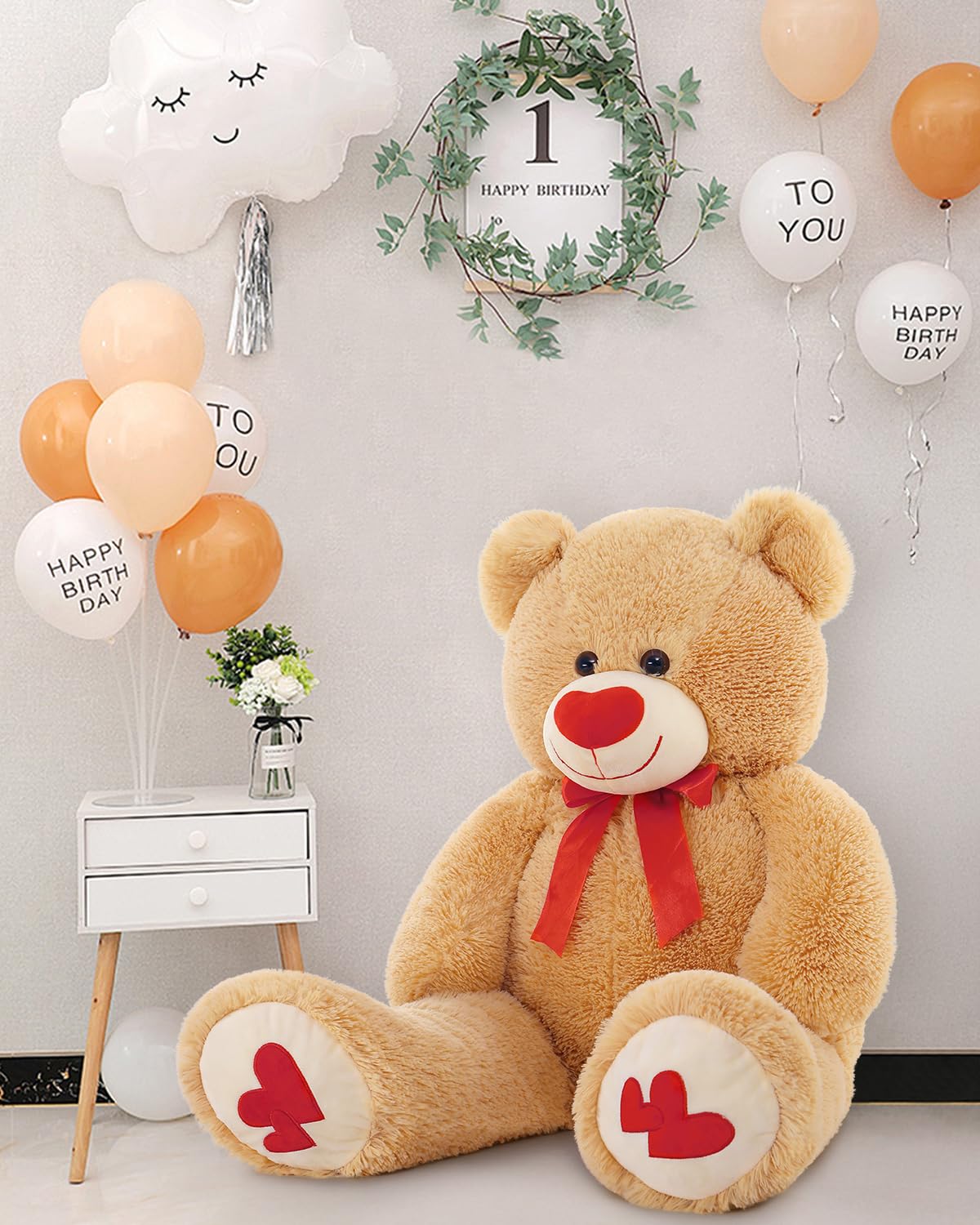 MaoGoLan Giant Teddy Bear 36-inch Plush – Red Heart Footprints, Valentines Gift & Long-Distance Love