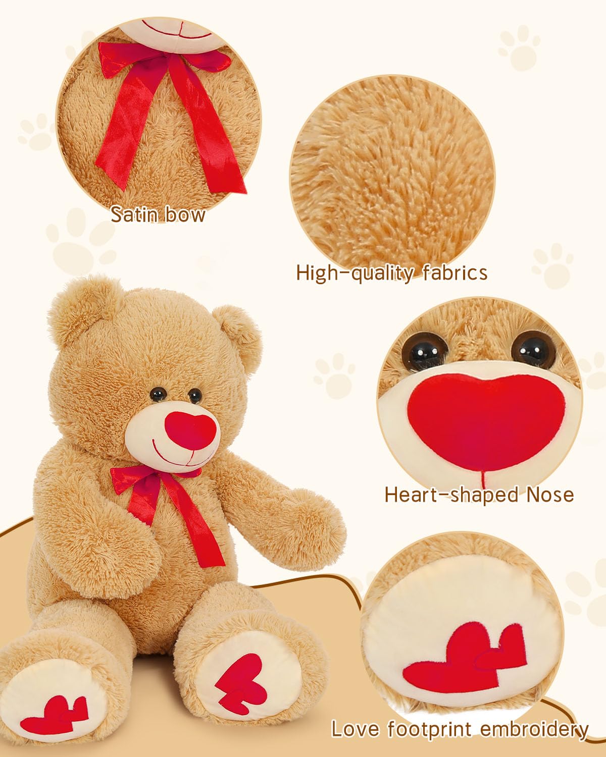 MaoGoLan Giant Teddy Bear 36-inch Plush – Red Heart Footprints, Valentines Gift & Long-Distance Love