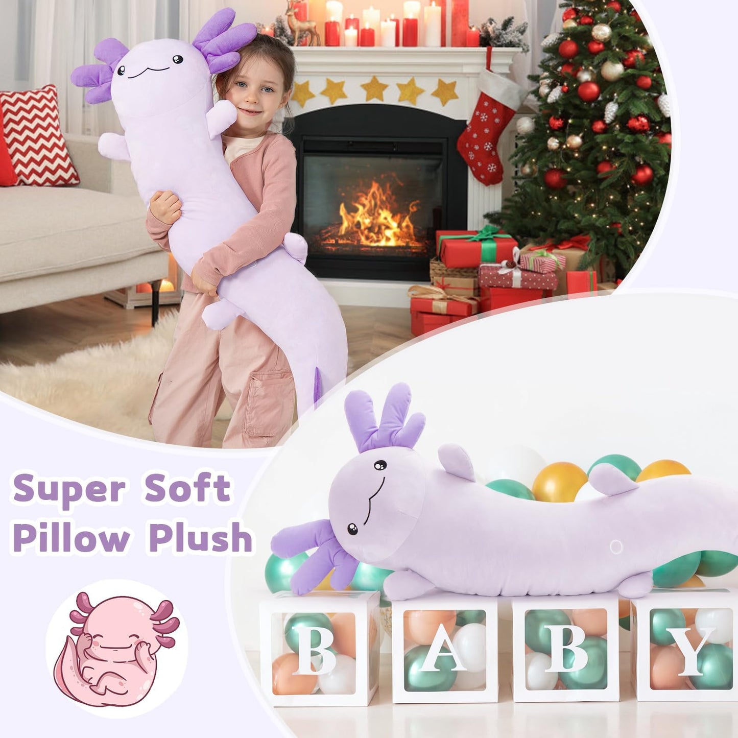 MaoGoLan Giant Axolotl Plush Pillow – Glow-in-the-Dark Purple Salamander Body Pillow