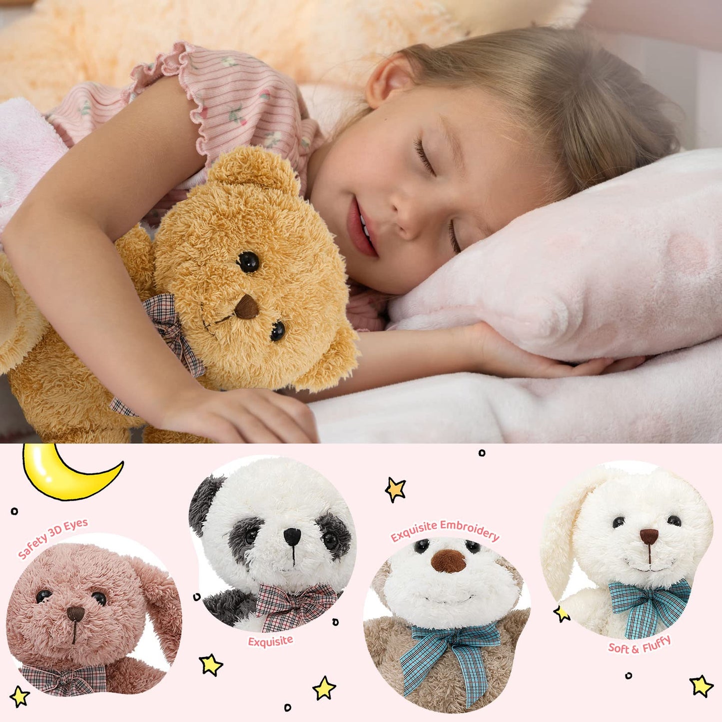 MaoGoLan 5-Piece Plush Set – 12.6-inch Stuffed Animals: Monkey, Panda, Teddy Bear, Easter Bunnies – Party Favors & Decor