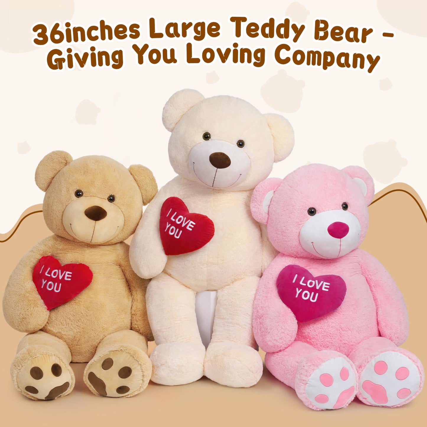 MaoGoLan Big Teddy Bear – 36-Inch White Plush with Velvet Heart