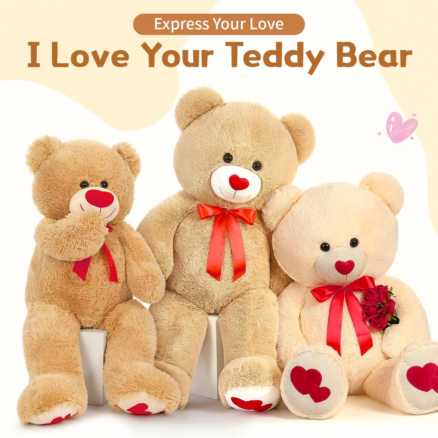 MaoGoLan Giant 47-Inch Teddy Bear Plush – Heart Footprints & Heart Nose | Valentine Gift