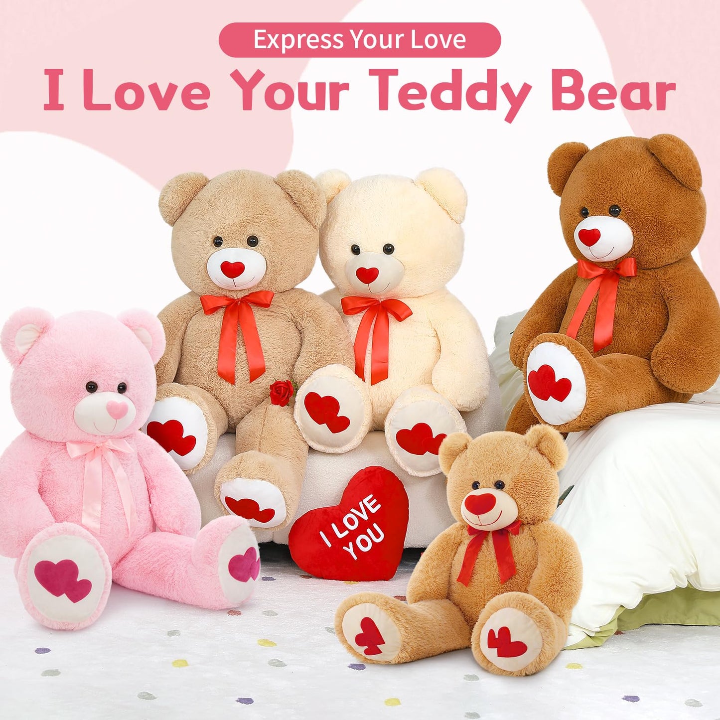 MaoGoLan Giant Pink Teddy Bear Plush 47 Inch – Heart Footprints & Heart Nose
