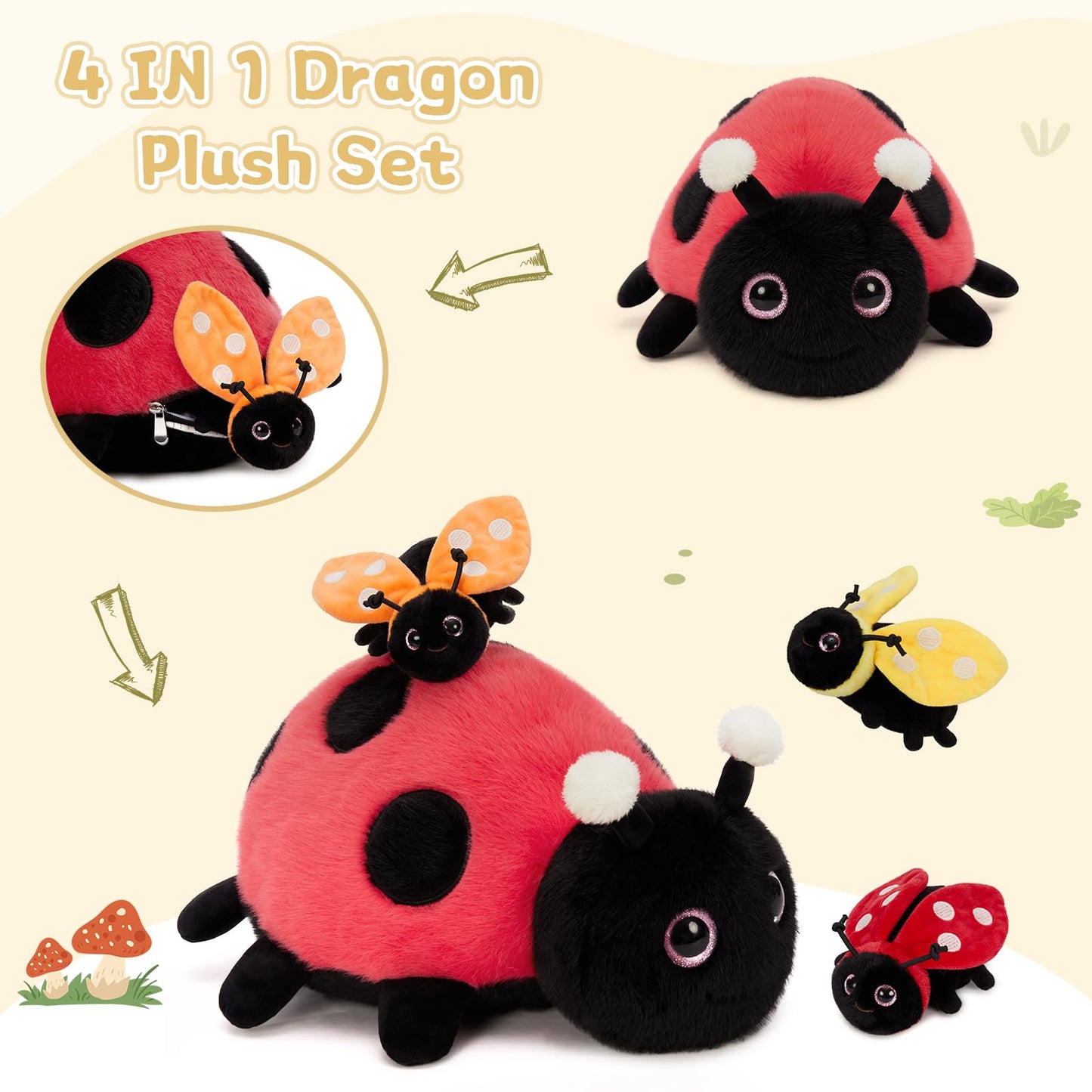 MaoGoLan 4Pcs Ladybug Plush Set – Glow-in-Dark Mama + 3 Babies