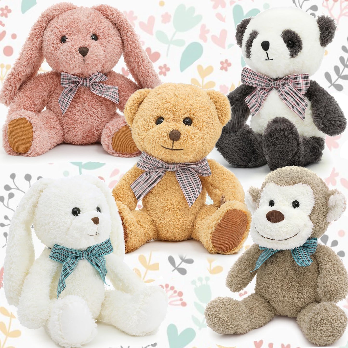 MaoGoLan 5-Piece Plush Set – 12.6-inch Stuffed Animals: Monkey, Panda, Teddy Bear, Easter Bunnies – Party Favors & Decor
