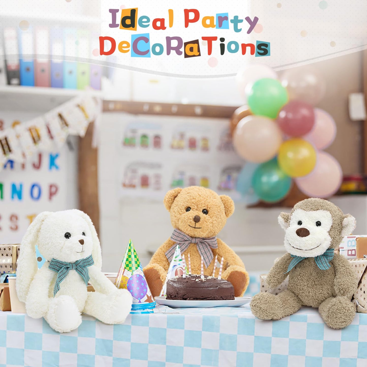 MaoGoLan 5-Piece Plush Set – 12.6-inch Stuffed Animals: Monkey, Panda, Teddy Bear, Easter Bunnies – Party Favors & Decor