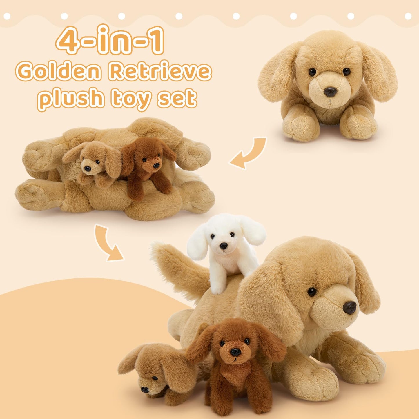 MaoGoLan 4-Piece Golden Retriever Plush Set – Mama Dog with 3 Puppies, 18" Soft Stuffed Animals